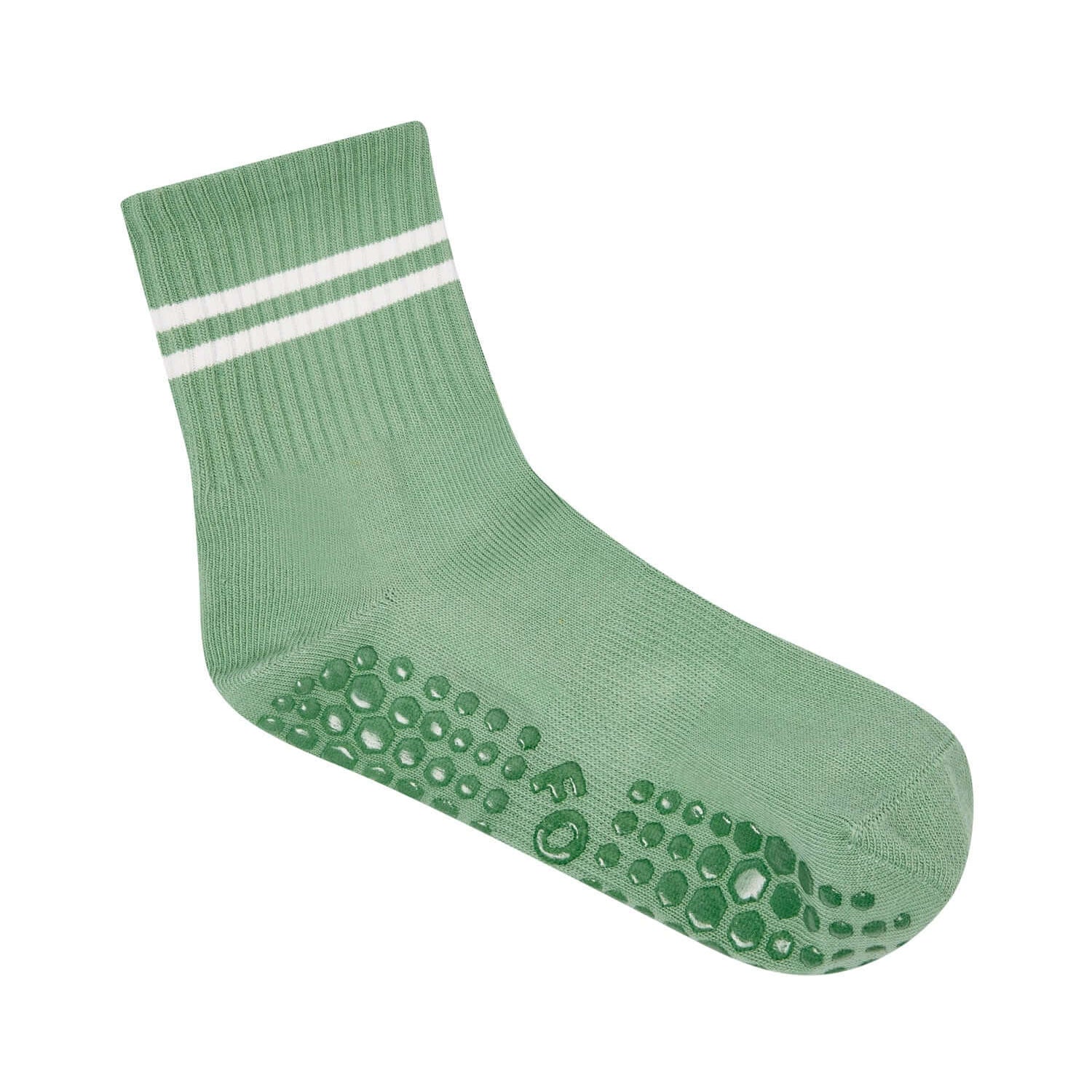 Green sock with white stripes on a white background