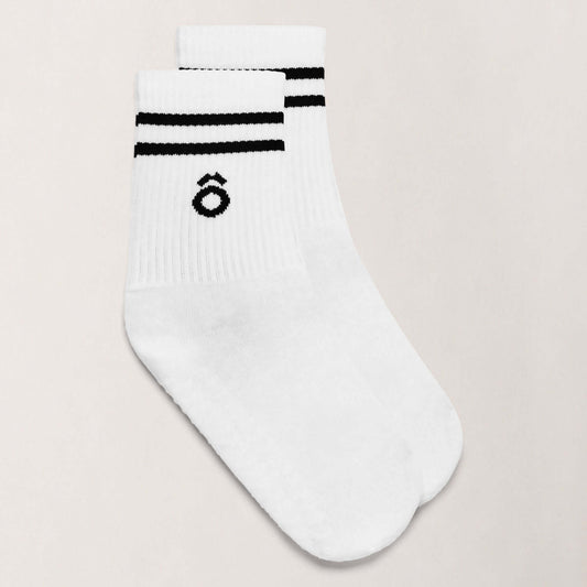 Crew Pilates Grip Socks and Resistance Band Bundle – Essentials - White Pilates grip socks with black stripes.