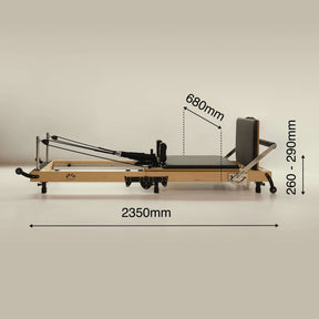FOLD reformer black bed laid outright with dimensions showing height, width and length