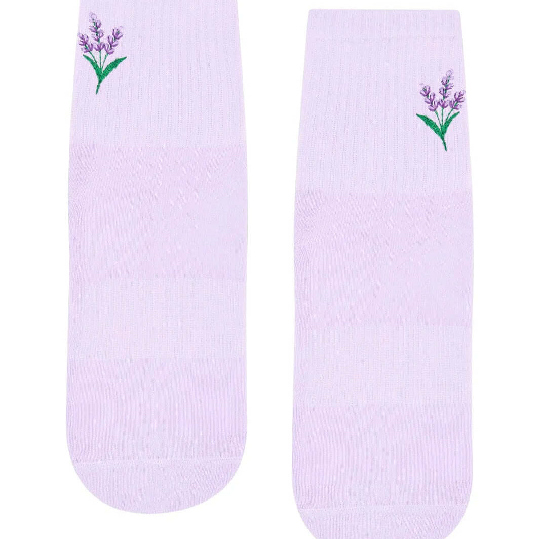 Pair of Lavender Haze Pilates grip socks front view