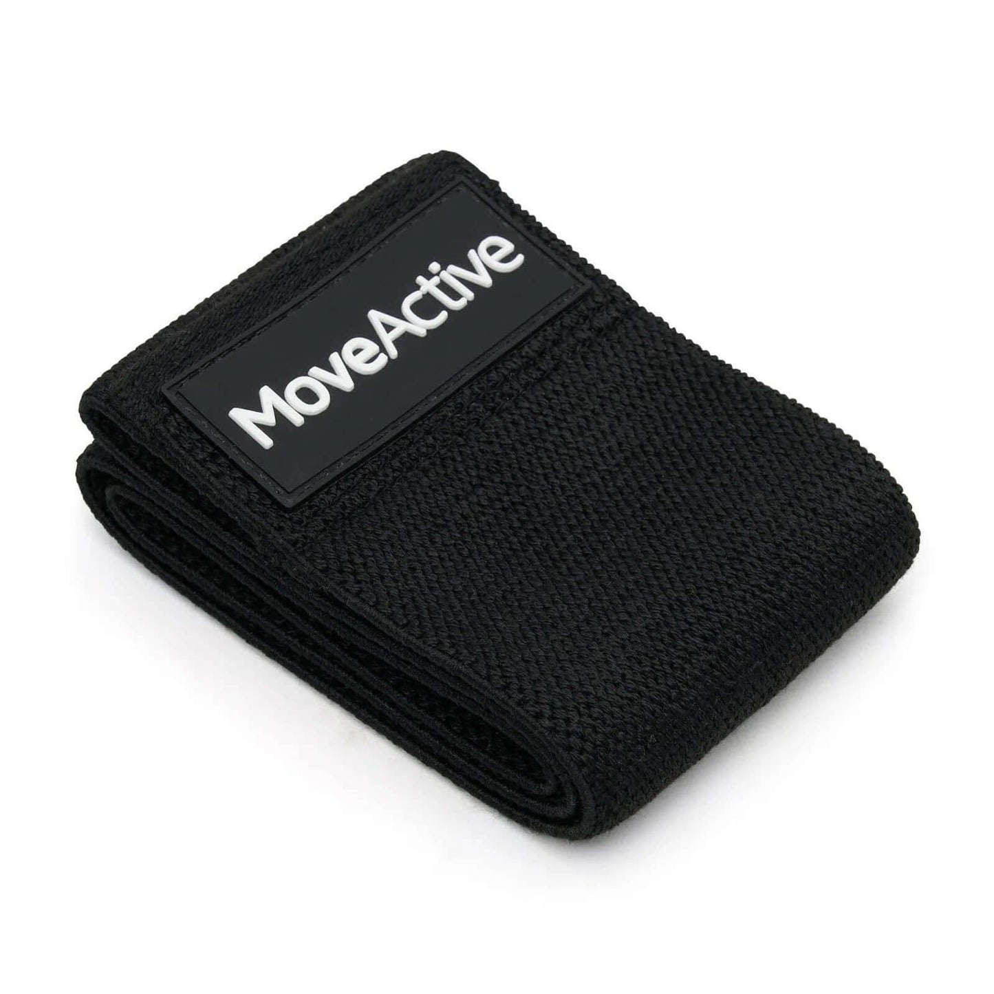 Black Moveactive resistance band folded on white background
