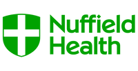 Nuffield Health logo featuring a green shield with a black cross, symbolizing health and wellness.