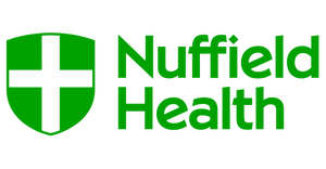 Nuffield Health logo featuring a green shield with a black cross, symbolizing health and wellness.