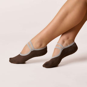 Ballet Grip Socks - Cocoa in brown and grey, featuring non-slip grip sole and soft elastic straps for studio workouts.