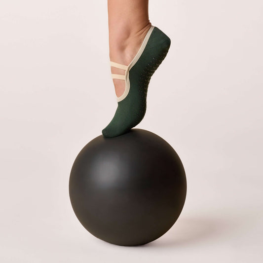 Ballet Grip Socks - Teal foot on black ball showcasing non-slip grip design and comfort for workouts.