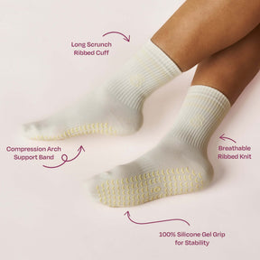Everyday Crew Grip Socks - Butter Yellow featuring breathable knit and silicone gel grip for stability.