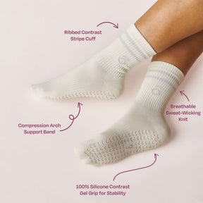 Everyday Crew Grip Socks - Grey featuring ribbed cuff, compression arch band, and silicone gel grips for stability.