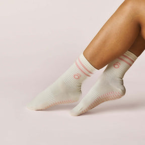 Everyday Crew Grip Socks - Rose with pink stripes and non-slip soles for comfort during Pilates and daily wear.