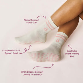 Everyday Crew Grip Socks - Rose featuring ribbed cuff, compression arch support, and silicone gel grip.