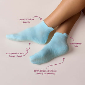 Pilates Low Rise Grip Socks - Baby Blue showcasing low-cut trainer length and silicone gel grip for stability.