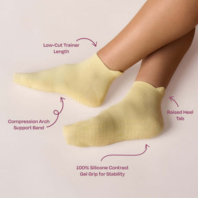 Pilates Low Rise Grip Socks - Butter Yellow featuring low-cut trainer length and silicone gel grip.
