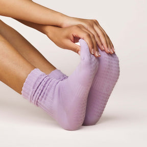 Pilates Scrunch Grip Socks - Lilac shown being worn, featuring a soft cotton blend and non-slip grip for optimal performance.