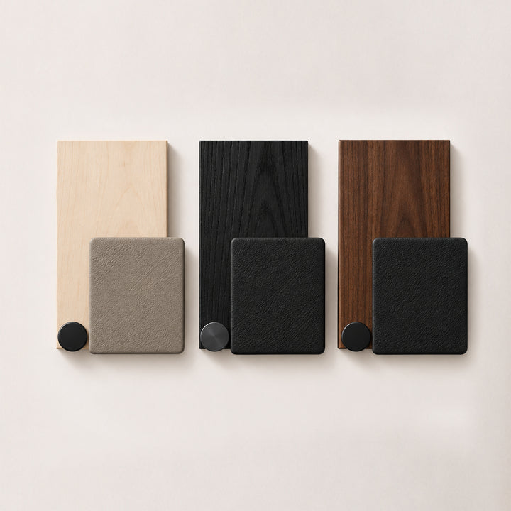 Collection of modern wood swatches in light, dark, and rich brown tones, showcasing various finishes and textures.