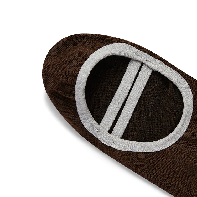 Brown no-show sock with a white elastic band on a white background