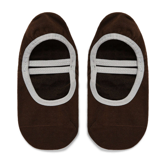 Pair of brown socks with gray sole on a white background