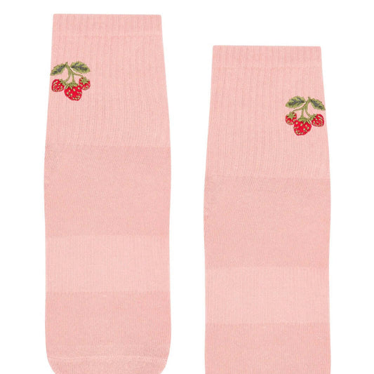 Pair of Strawberry patch Pilates grip socks front view 