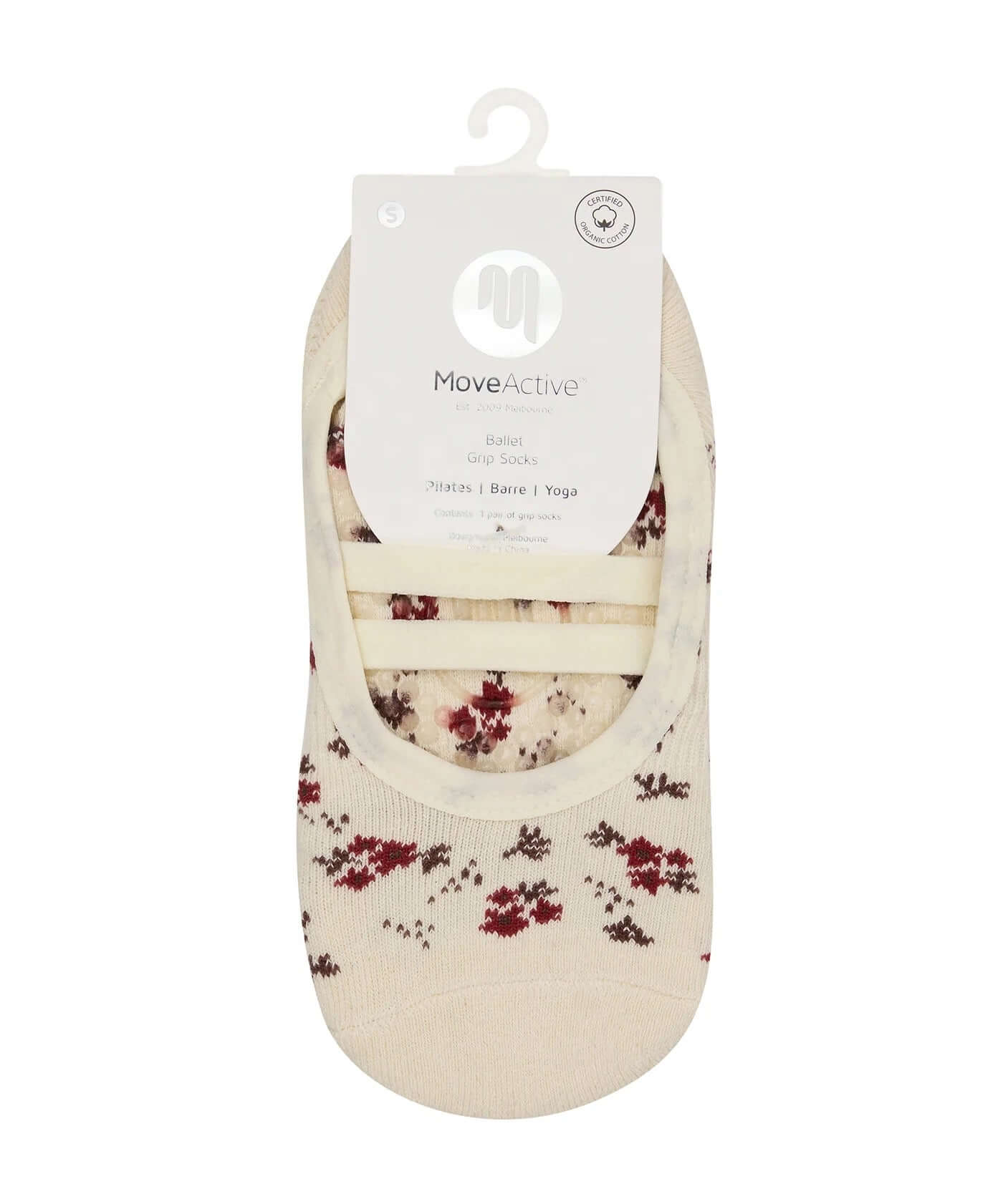 MoveActive Ballet Grip Socks in Ditsy Floral pattern, organic cotton, versatile and comfortable, featuring a relaxed fit and grip.