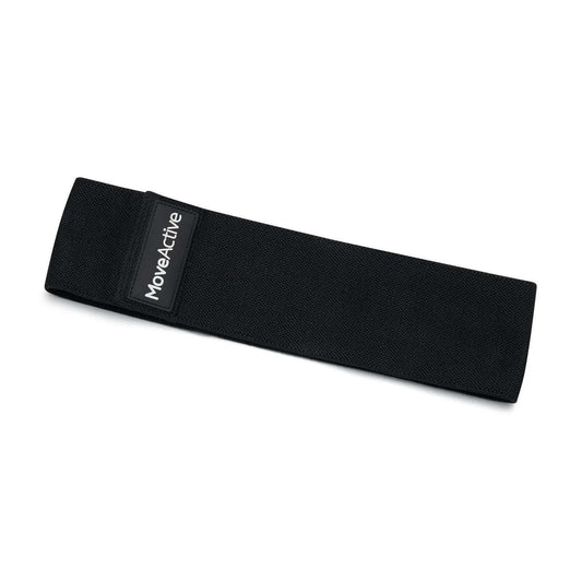 Black Moveactive resistance band laid out on white background