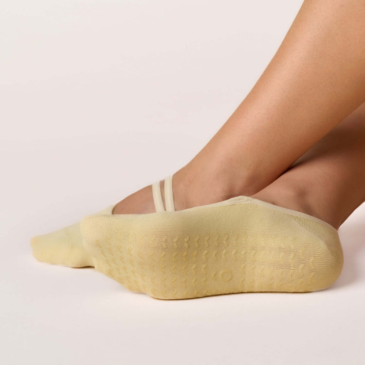 Ballet Grip Socks - Butter Yellow with non-slip grip sole and soft elastic straps for ultimate comfort.