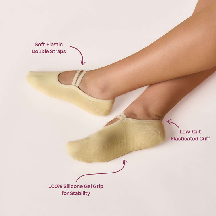 Ballet Grip Socks - Butter Yellow featuring soft elastic straps and silicone grip for stability.