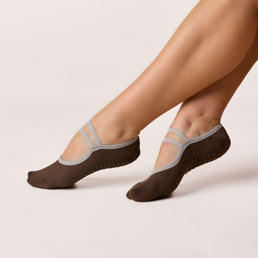 Ballet Grip Socks - Cocoa in brown and grey, featuring non-slip grip sole and soft elastic straps for studio workouts.