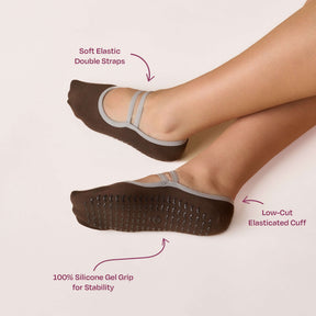 Ballet Grip Socks - Cocoa featuring soft elastic double straps and silicone gel grip for stability.