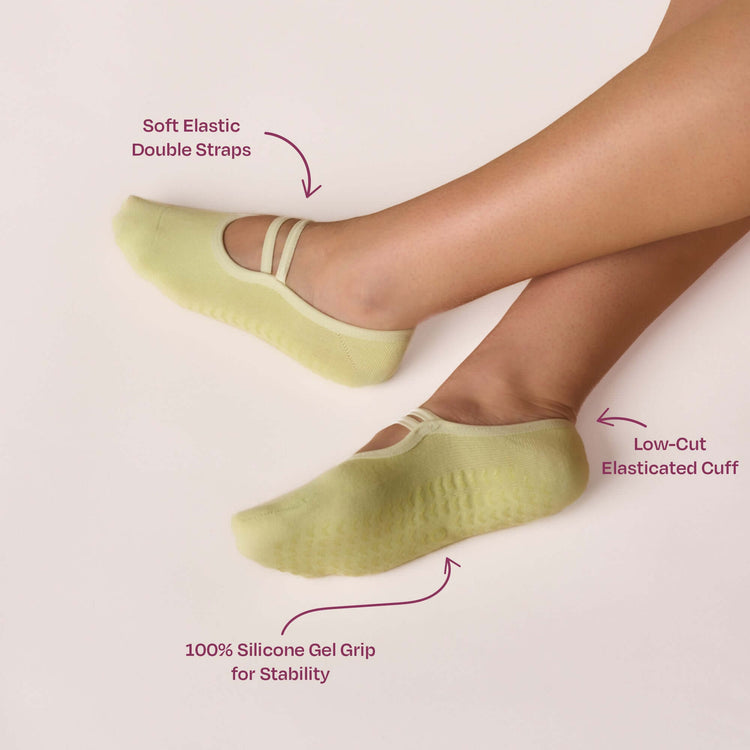 Ballet Grip Socks - Lime showcasing soft elastic double straps and silicone gel grip for stability and comfort.