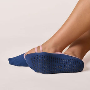 Ballet Grip Socks - Estate Blue & Pink showcasing non-slip grip sole and soft elastic strap for perfect fit.