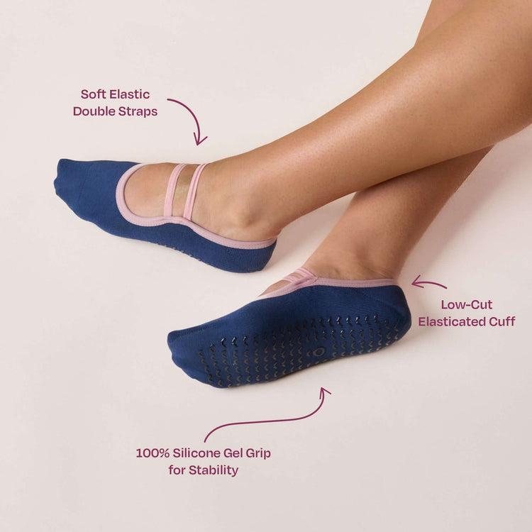 Ballet Grip Socks - Estate Blue & Pink showcasing soft elastic double straps and silicone gel grip for stability.