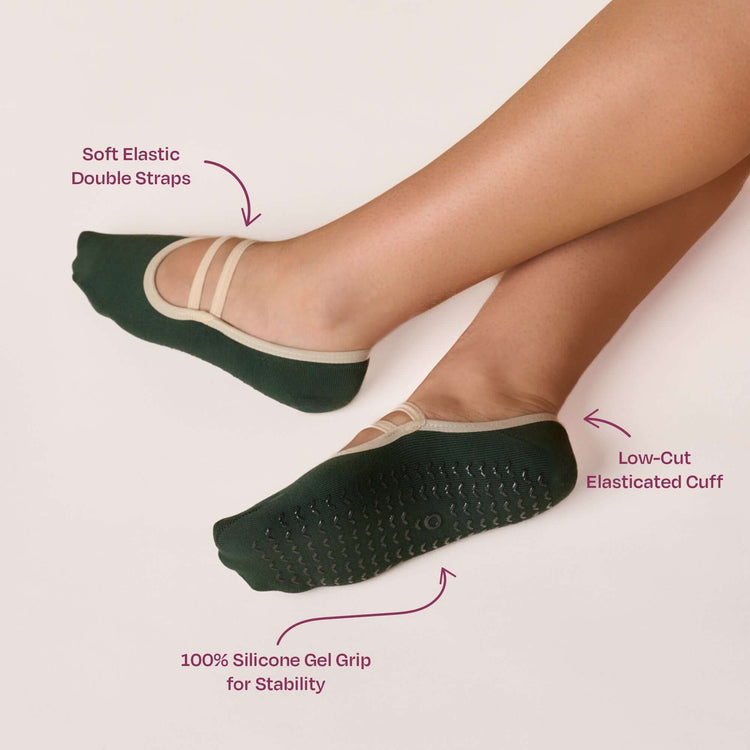 Ballet Grip Socks - Teal featuring soft elastic double straps and silicone gel grip for stability.