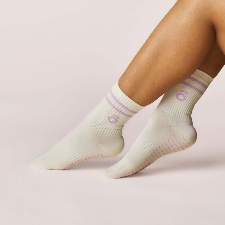Everyday Crew Grip Socks - Lilac featuring soft cotton comfort and non-slip soles for Pilates and daily wear.
