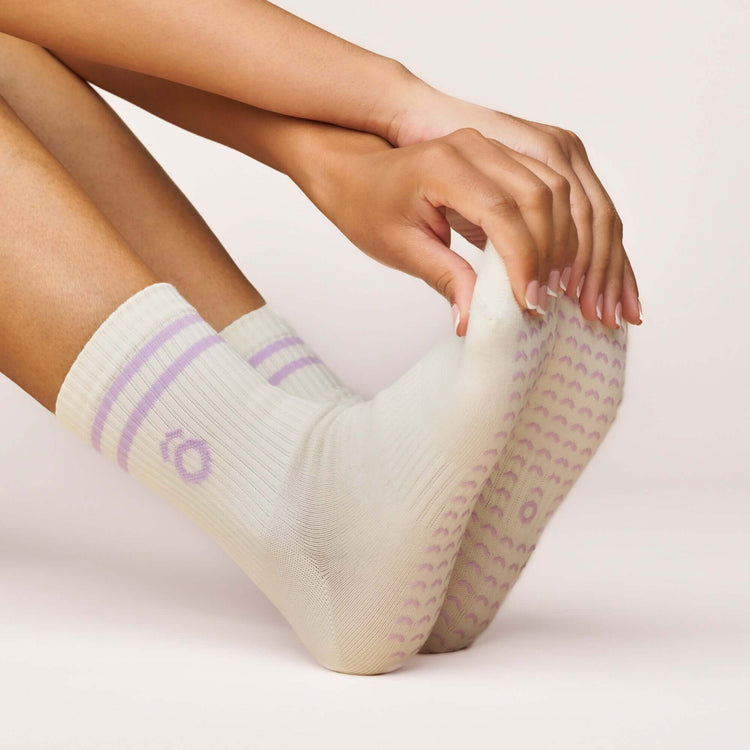 Everyday Crew Grip Socks - Lilac showcasing lightweight comfort and non-slip grip for Pilates and everyday wear.