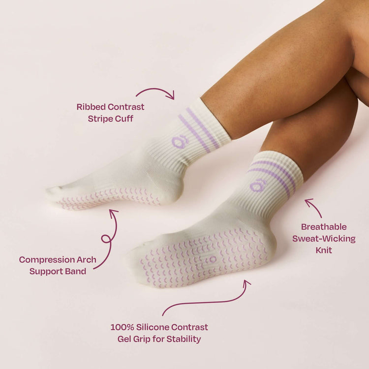 Everyday Crew Grip Socks - Lilac featuring ribbed cuff, compression support band, and silicone gel grip for stability.