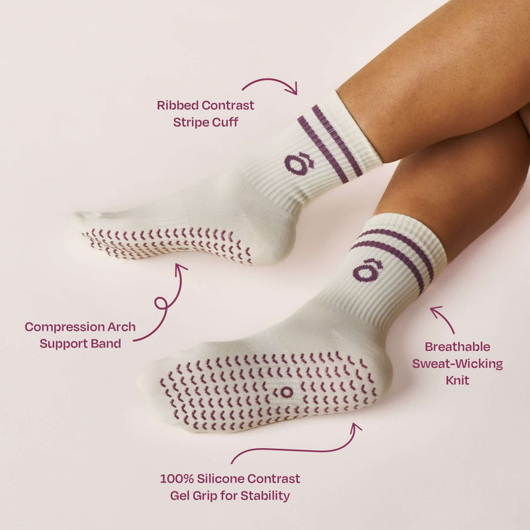 Everyday Crew Grip Socks - Magenta showcasing ribbed cuff, compression band, and silicone grip.
