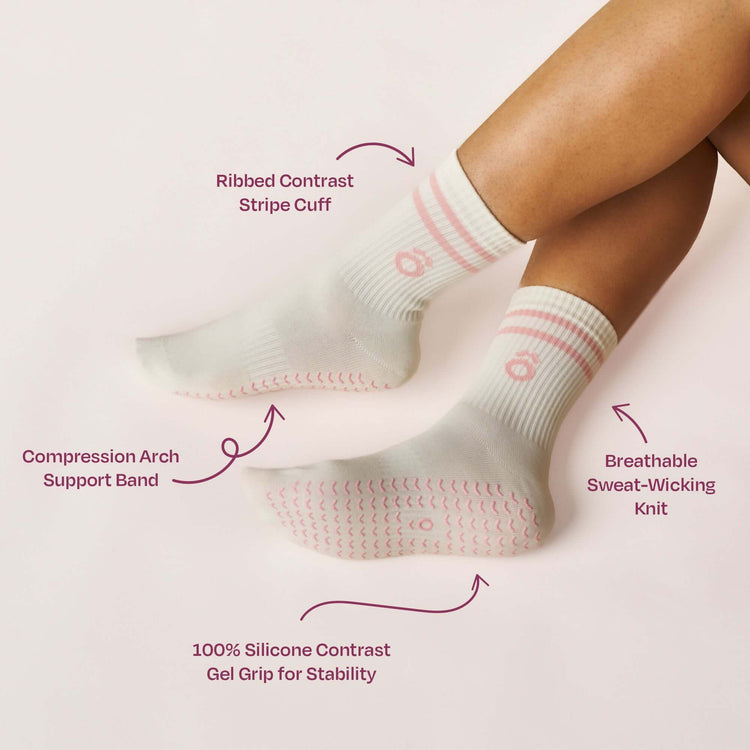 Everyday Crew Grip Socks - Rose featuring ribbed cuff, compression arch support, and silicone gel grip.