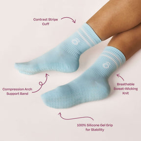 ÔWEAR Crew Sporty Stripes Pilates Grip Socks in Baby Blue, view 4