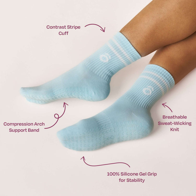 ÔWEAR Crew Sporty Stripes Pilates Grip Socks in Baby Blue, view 4