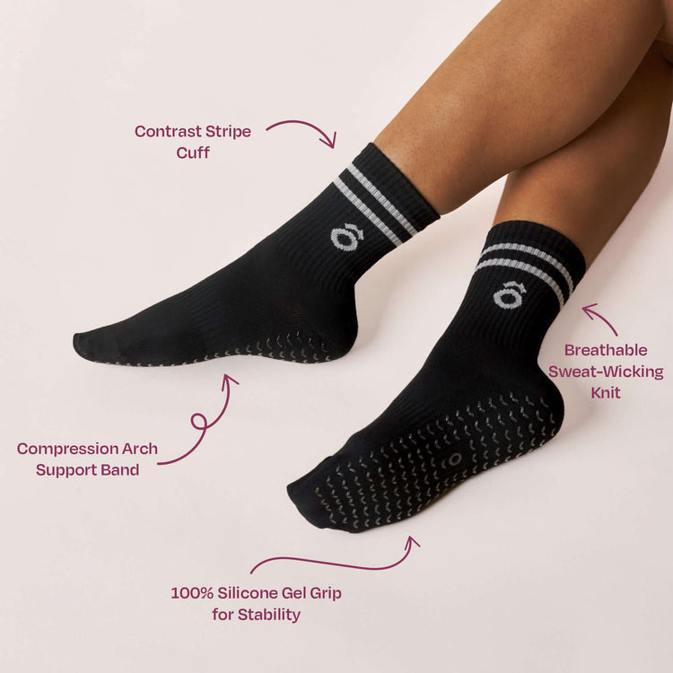 ÔWEAR Crew Sporty Stripes Pilates Grip Socks in Black, view 4