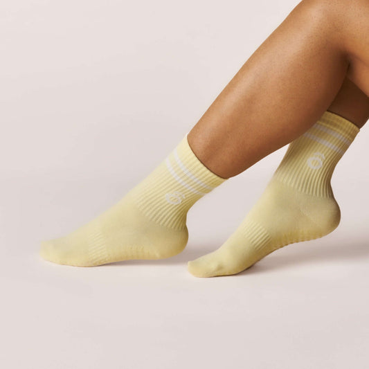 ÔWEAR Crew Sporty Stripes Pilates Grip Socks in Butter Yellow