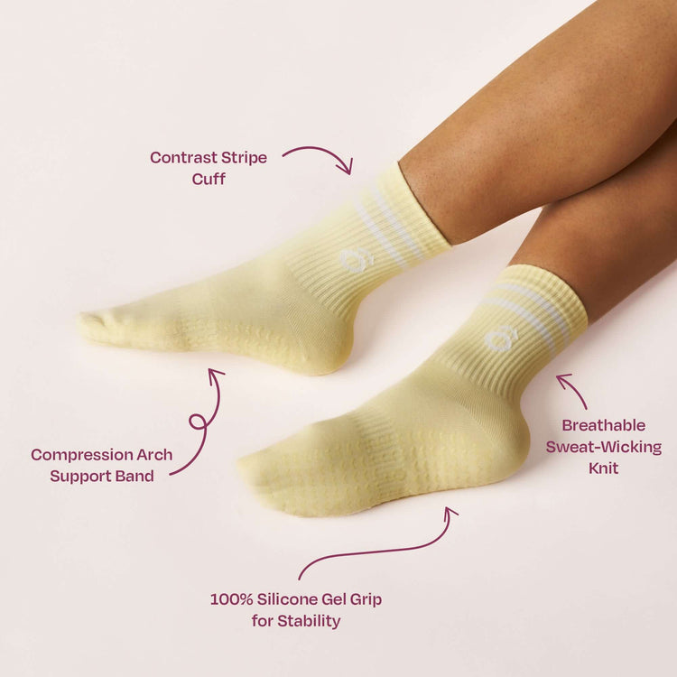 ÔWEAR Crew Sporty Stripes Pilates Grip Socks in Butter Yellow, view 4