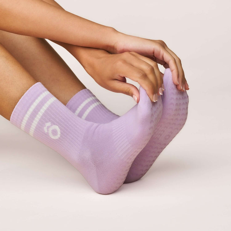 ÔWEAR Crew Sporty Stripes Pilates Grip Socks in Lilac, view 3