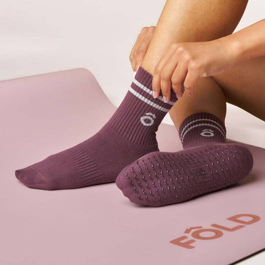 ÔWEAR Crew Sporty Stripes Pilates Grip Socks in Magenta, view 2