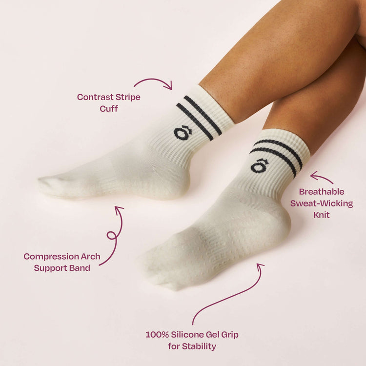 ÔWEAR Crew Sporty Stripes Pilates Grip Socks in Off White, view 4