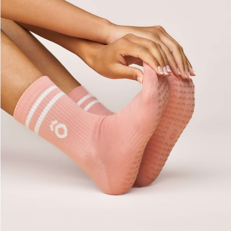 ÔWEAR Crew Sporty Stripes Pilates Grip Socks in Rose, view 3