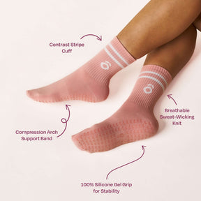 ÔWEAR Crew Sporty Stripes Pilates Grip Socks in Rose, view 4