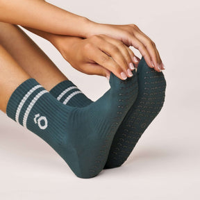 ÔWEAR Crew Sporty Stripes Pilates Grip Socks in Forest Green, view 3