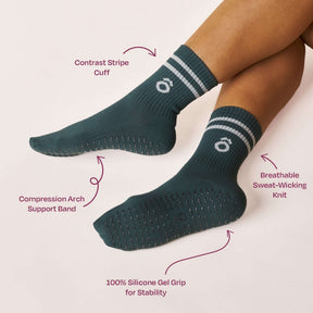 ÔWEAR Crew Sporty Stripes Pilates Grip Socks in Forest Green, view 4