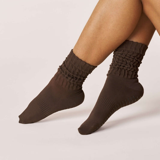 Scrunch Grip Socks - Cocoa pair shown in brown with scrunch details and non-slip grip soles.