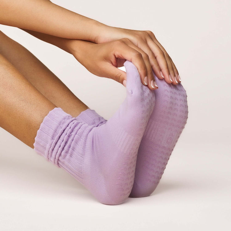 Pilates Scrunch Grip Socks - Lilac shown being worn, featuring a soft cotton blend and non-slip grip for optimal performance.