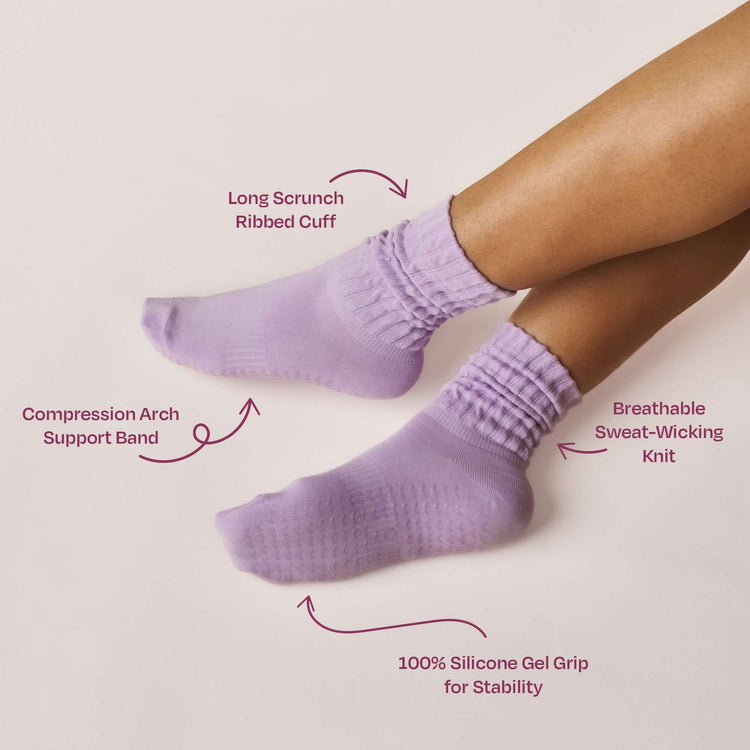 Pilates Scrunch Grip Socks - Lilac featuring a long scrunch cuff, compression arch support, and silicone gel grip.